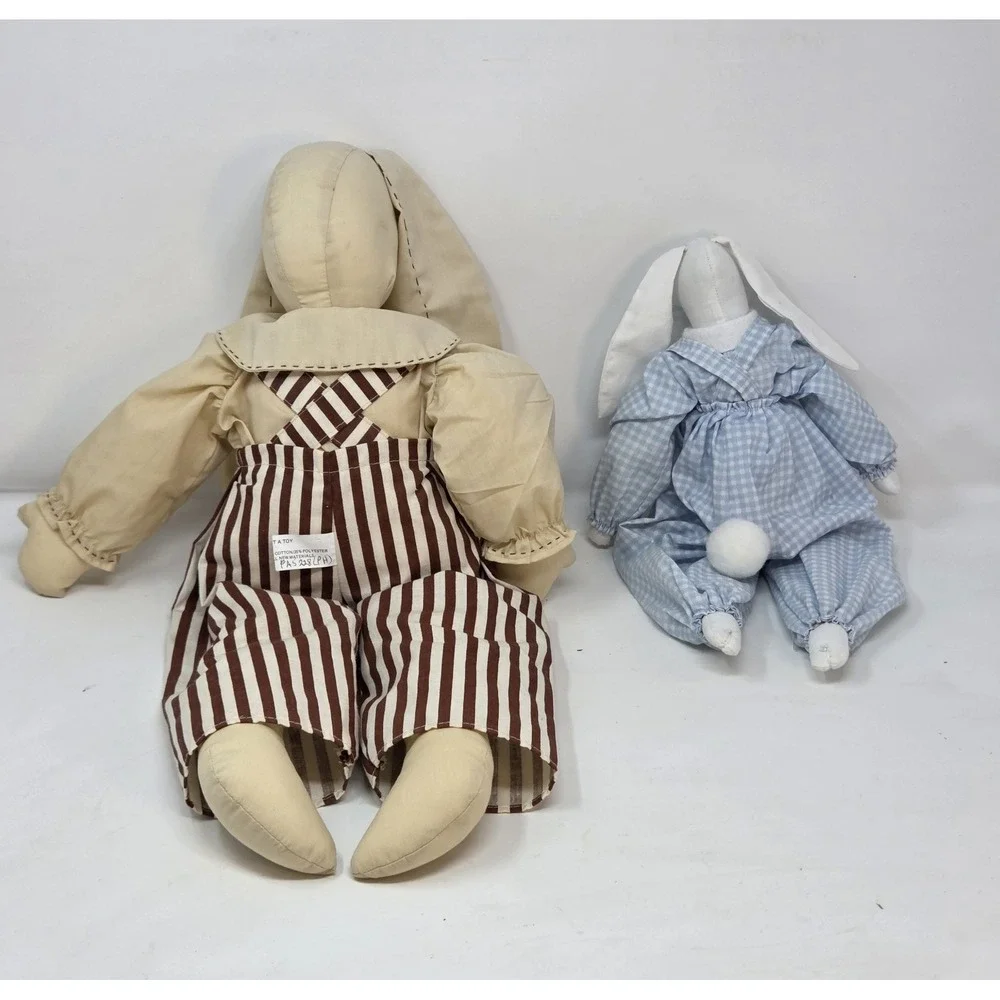 Country Farmhouse Fabric Bunny Rabbit Doll Pair Retro Striped Gingham Décor